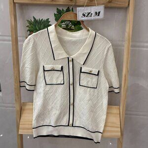 Cream Black Trim Diamond Quilted Knit Polo Top Chanel Style Gold Button Tee